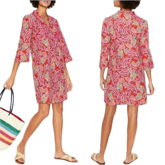 Boden Evangeline Linen Tunic Dress in Red Pop Mexican Paisley Size 4 petite - Picture 1 of 16